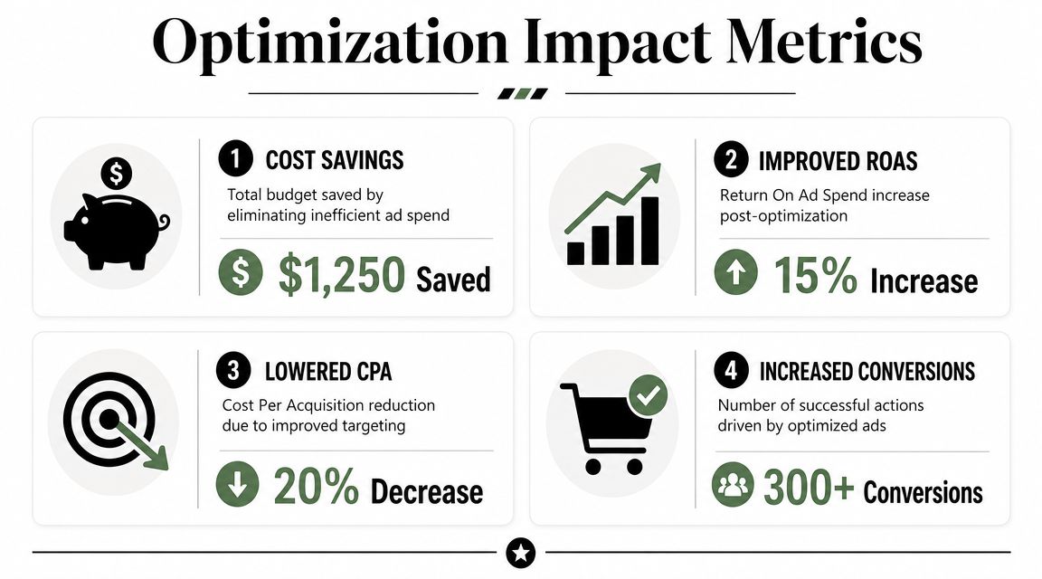 An infographic titled Optimization Impact Metrics showing four results: cost savings, improved ROAS, lowered CPA, and increased conversions.