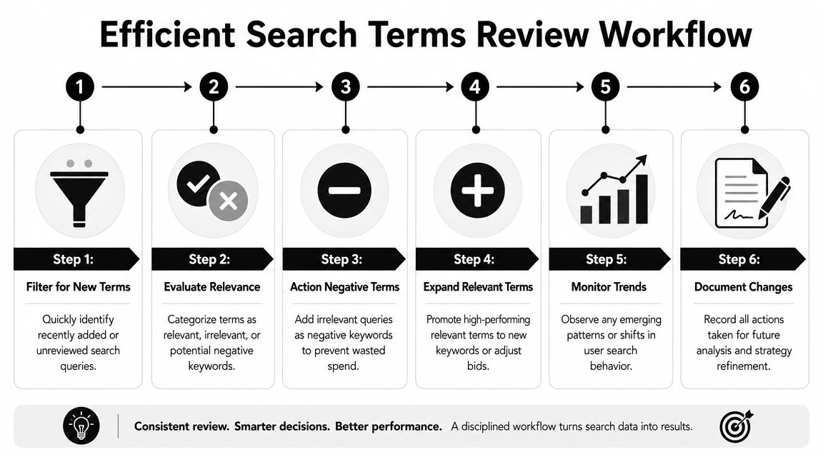 A six-step workflow infographic detailing the process for efficiently reviewing and managing search term reports.