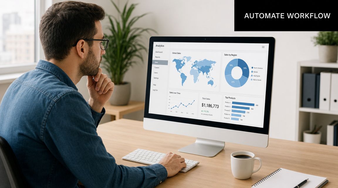 A professional man sitting at a desk reviewing marketing analytics data on a large computer screen.