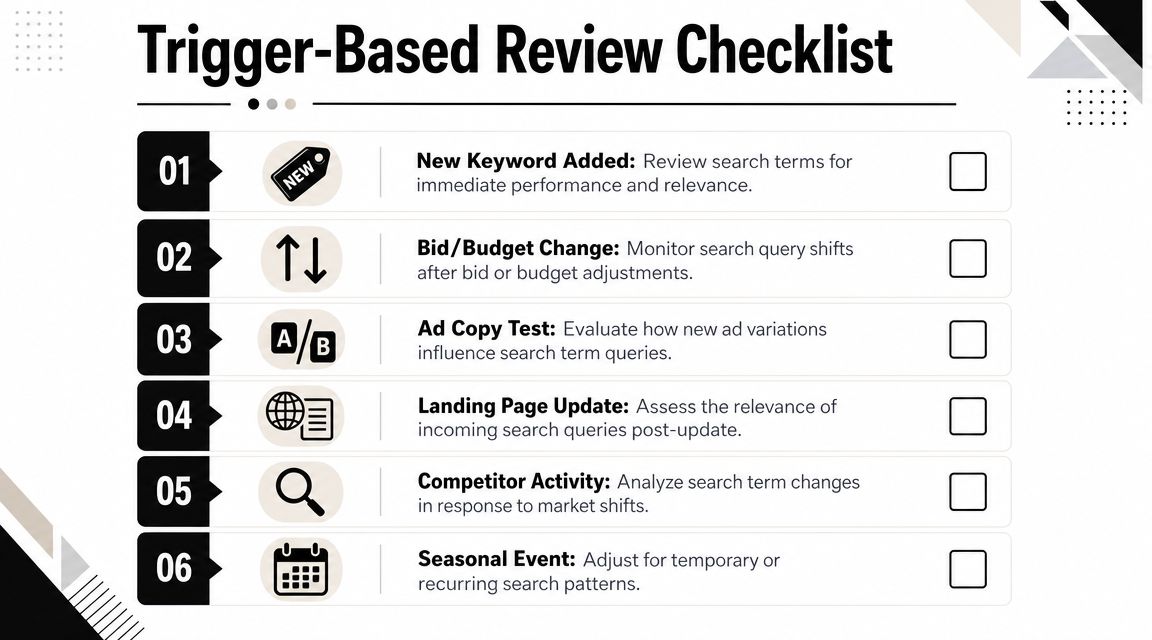 A checklist for digital marketers detailing when to review search terms based on specific campaign triggers.