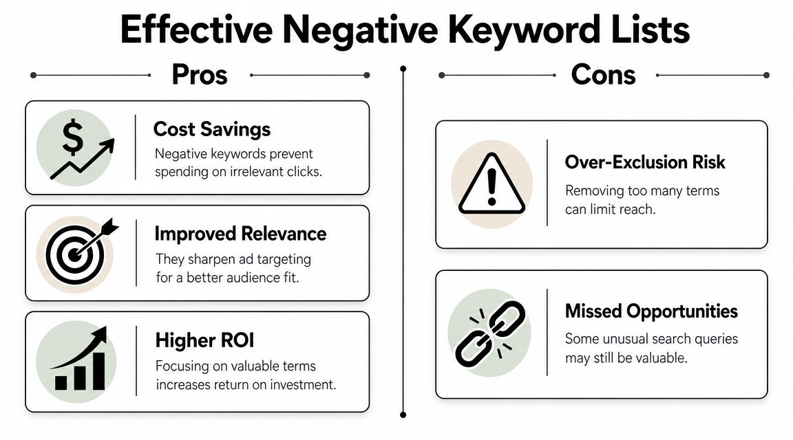 A visual comparison infographic highlighting the pros and cons of using negative keyword lists for online advertising.