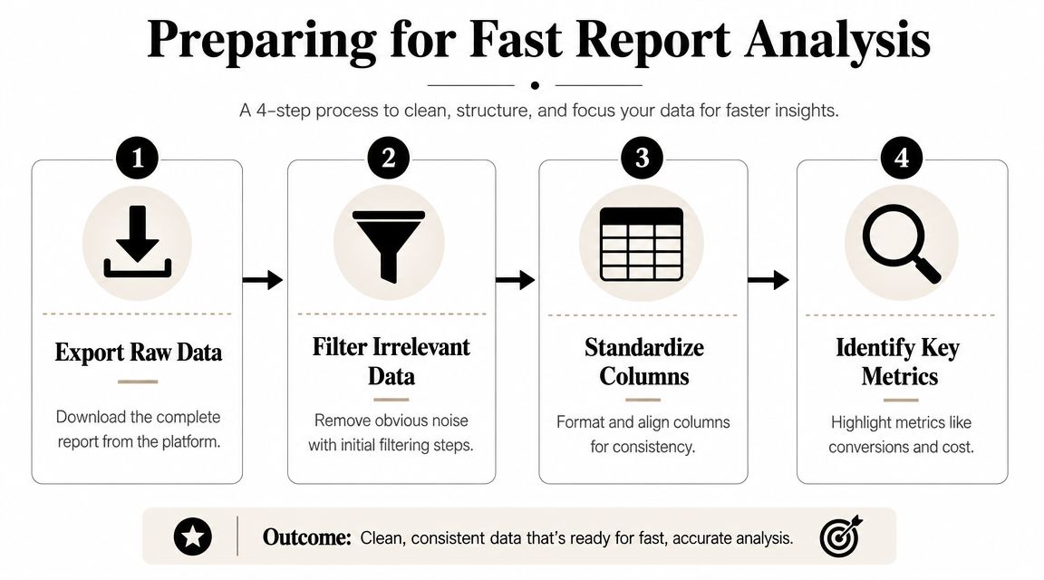 A four-step infographic illustrating how to prepare and clean raw data for efficient report analysis.