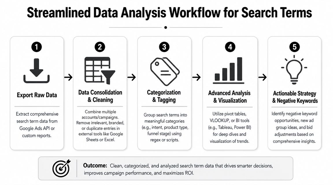 A five-step streamlined data analysis workflow chart for managing and optimizing Google Ads search term reports.