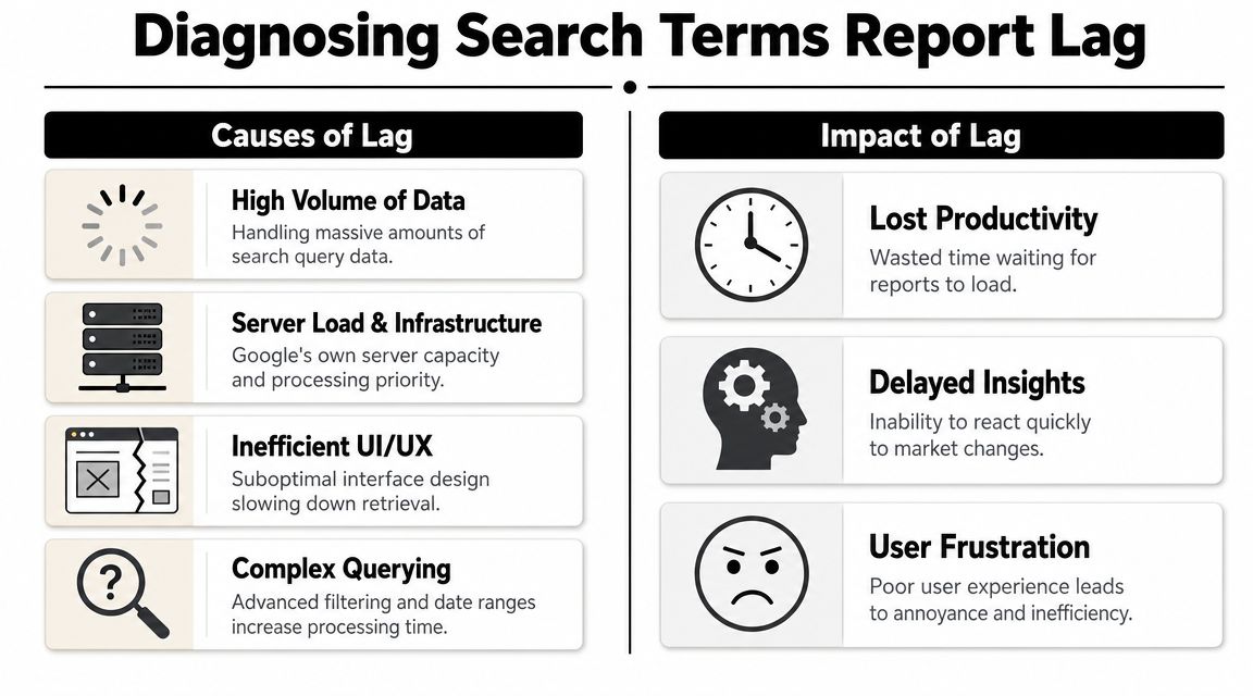 A diagram explaining the causes and negative impacts of delays in the Google Ads search terms report.