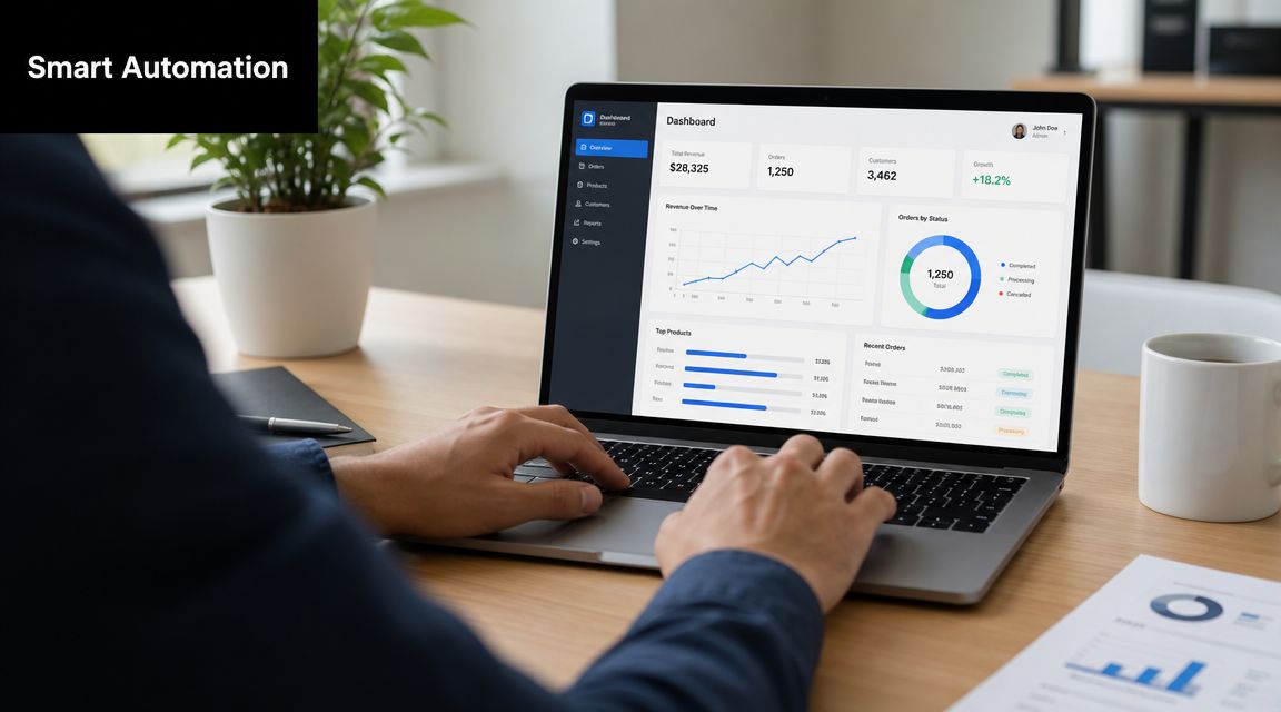 A professional analyzing a digital marketing business dashboard on a laptop computer at a clean desk.
