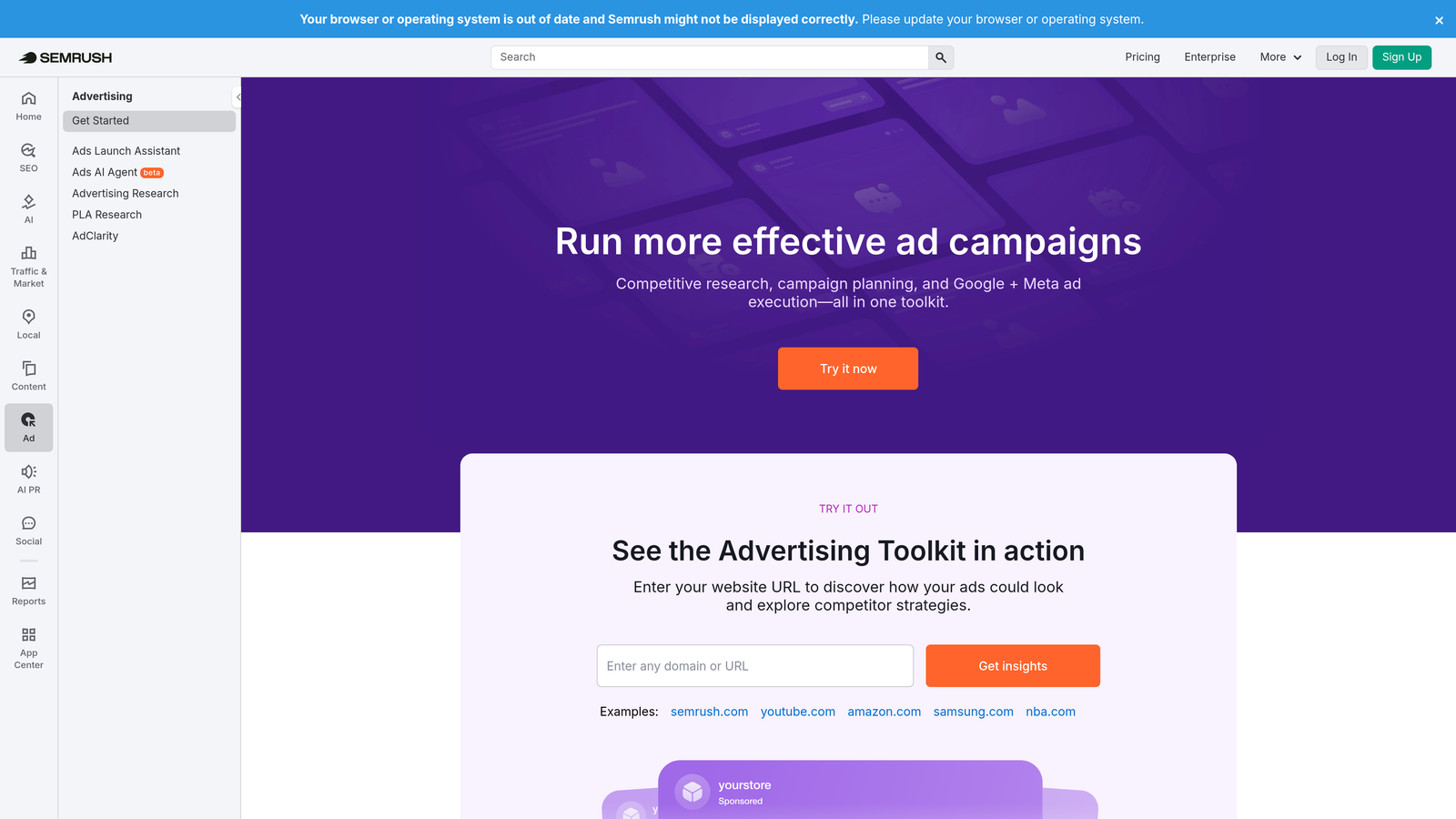 Screenshot of SEMrush Advertising Toolkit website