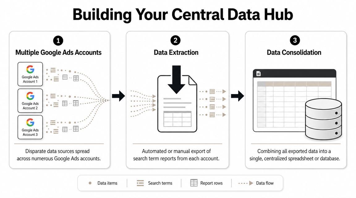 A diagram illustrating the three-step process of consolidating search term reports from multiple Google Ads accounts.