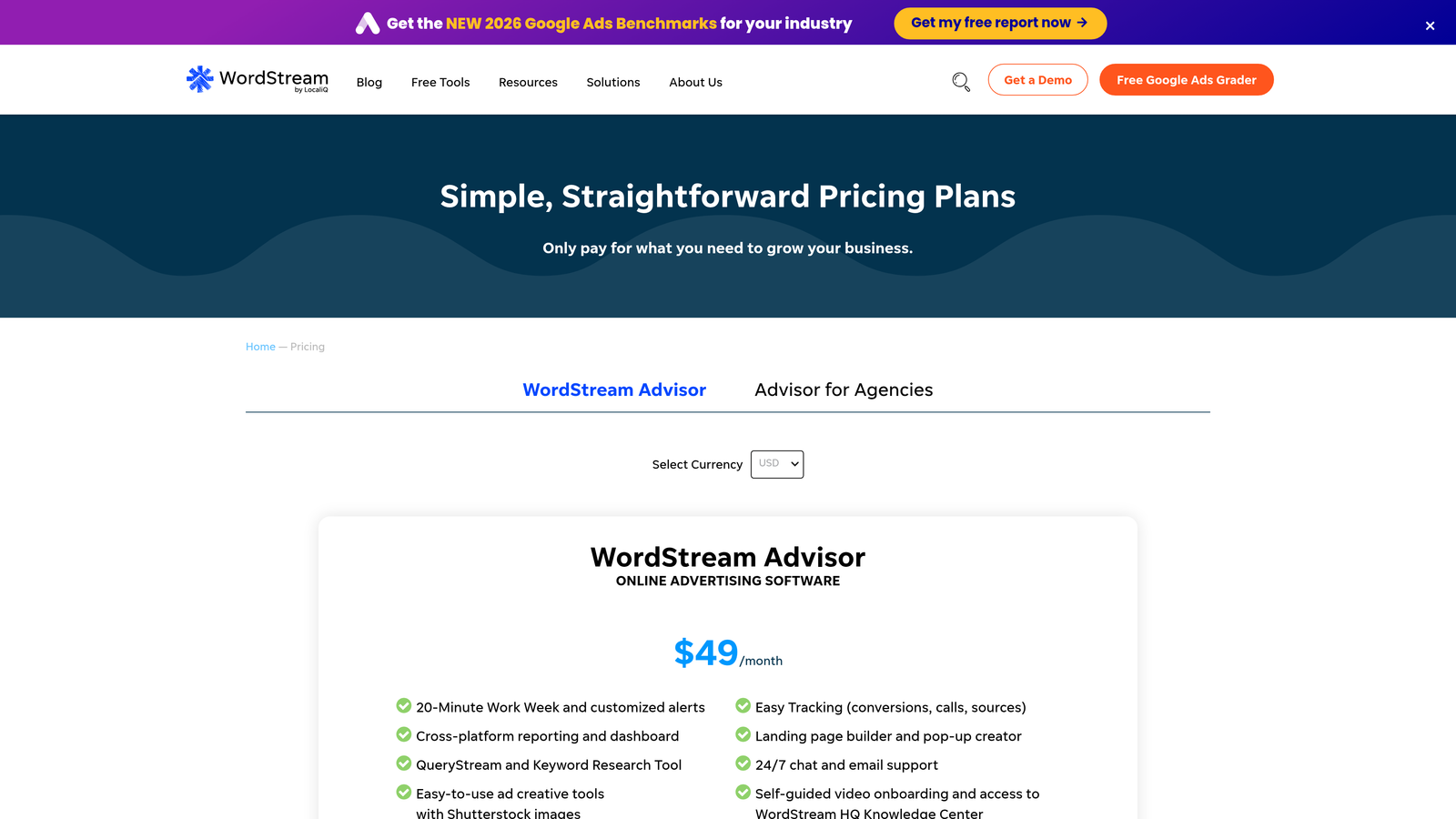 Screenshot of WordStream Advisor website