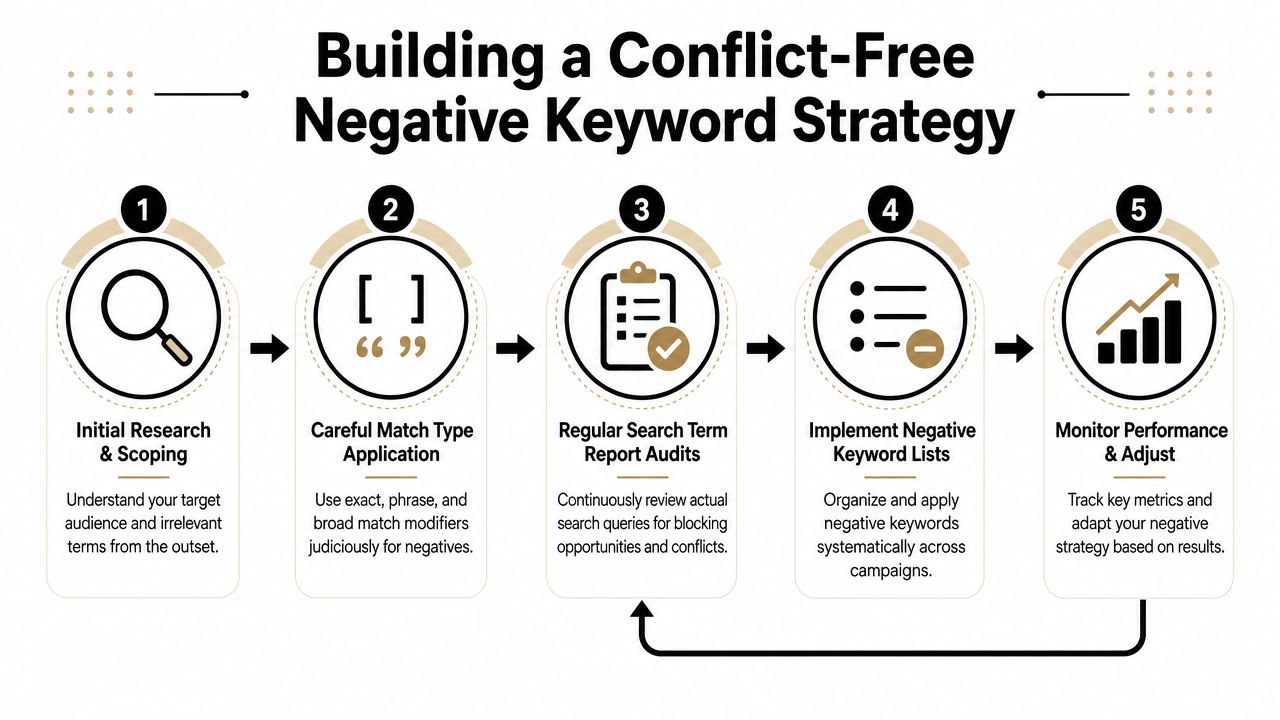 A five-step flowchart illustrating a strategic process for managing and implementing conflict-free negative keywords in campaigns.