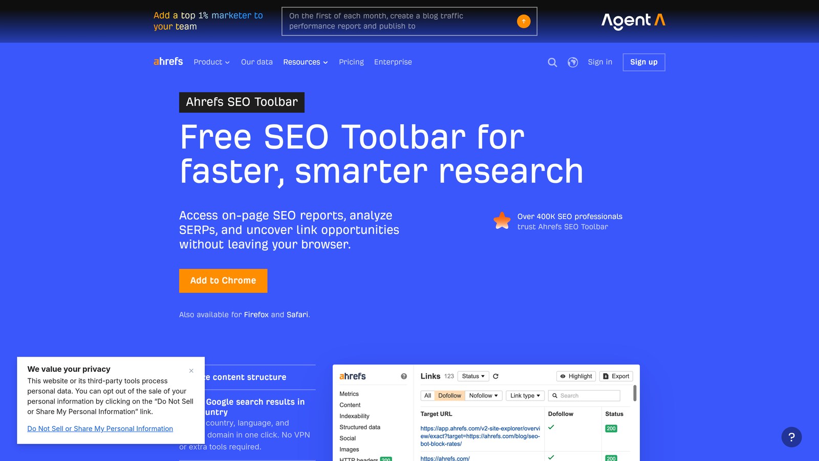 Screenshot of Ahrefs SEO Toolbar website