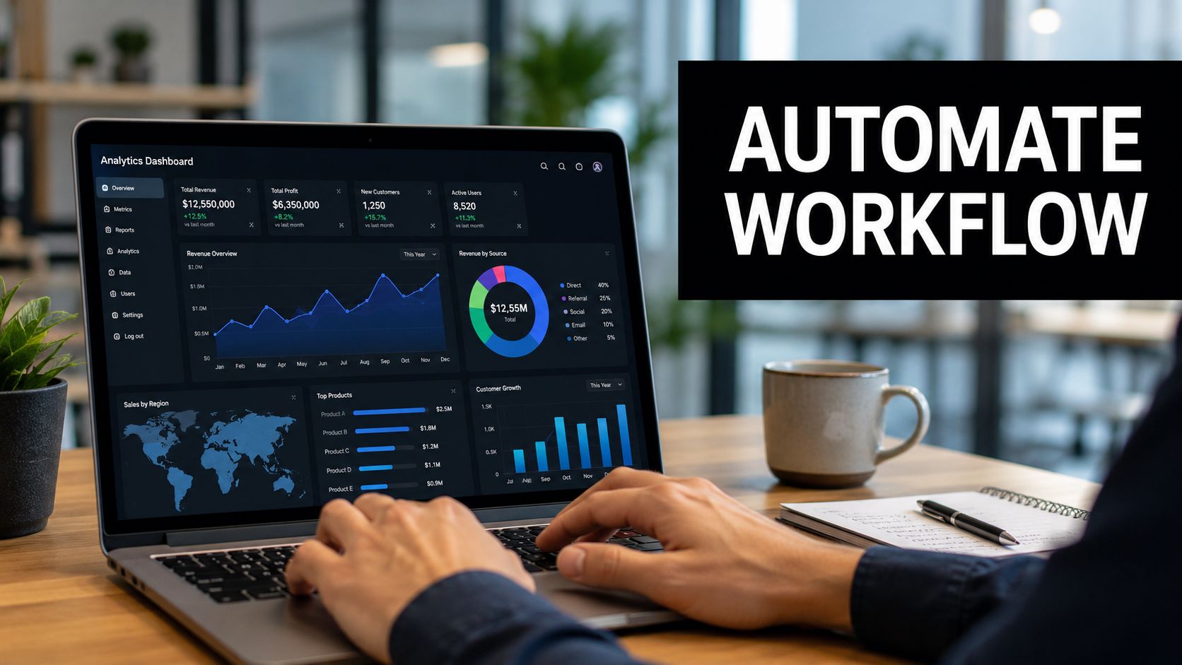 A professional analyzing a business analytics dashboard on a laptop with the text automate workflow overlaid.