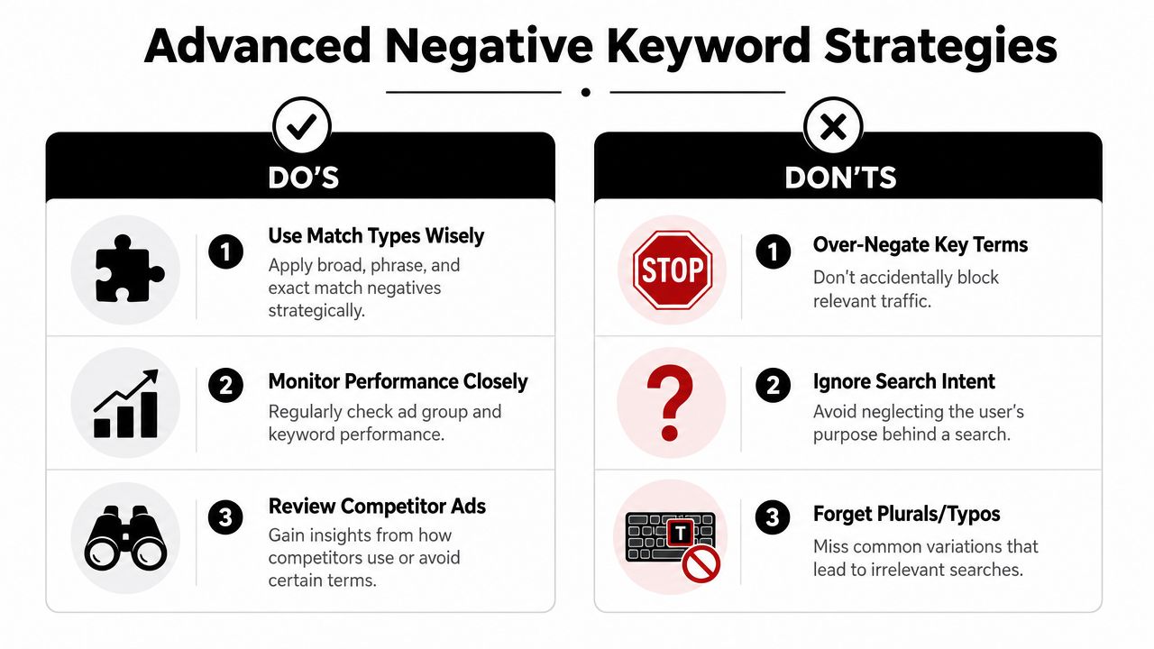 A visual guide listing the do's and don'ts for advanced negative keyword strategies in search advertising campaigns.