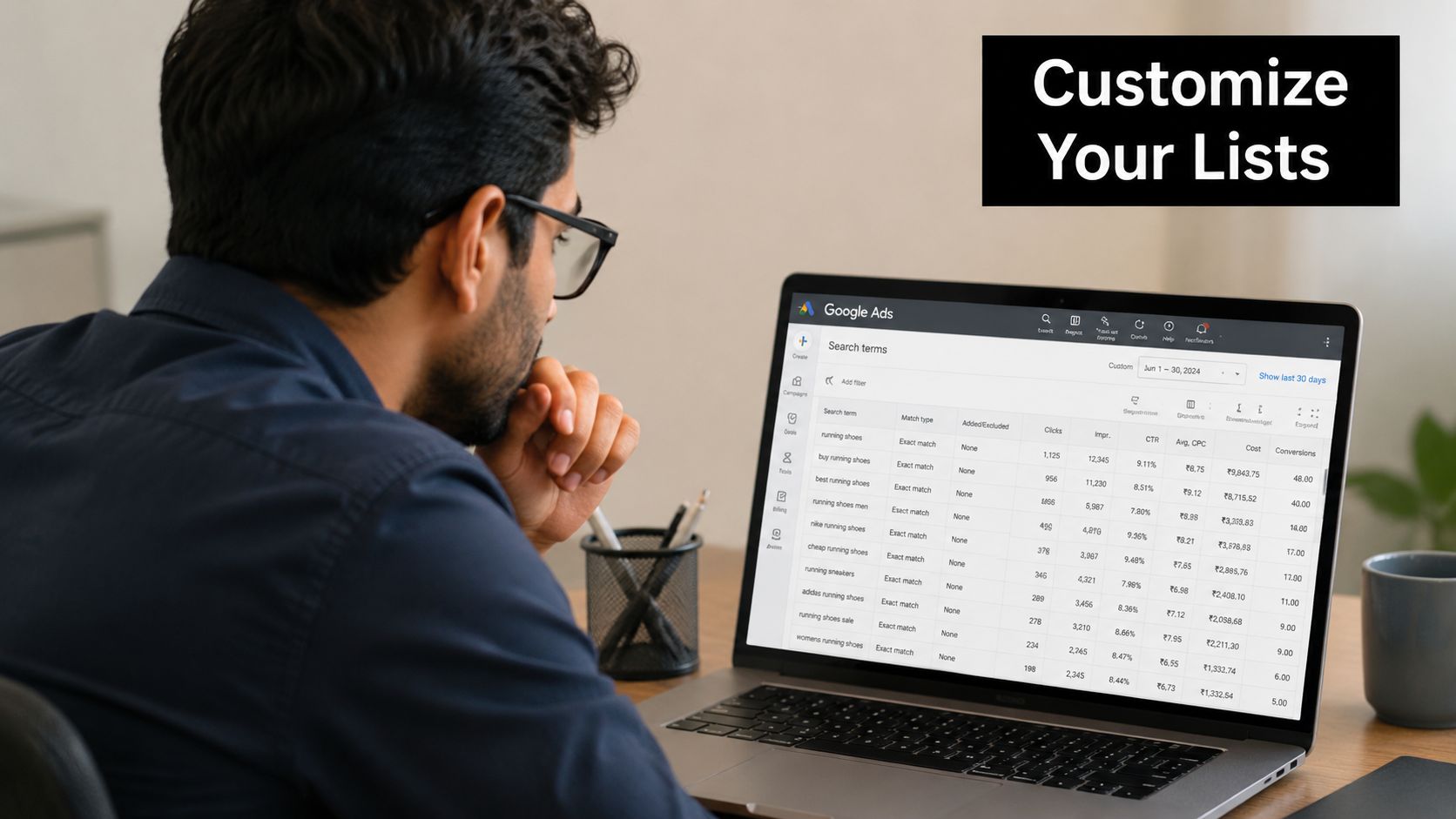 A professional analyzing Google Ads search term data on a laptop screen for campaign optimization.
