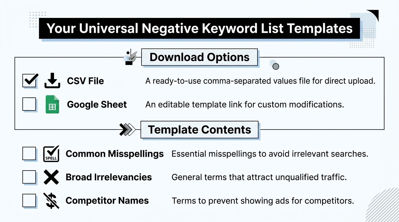 A template for a universal Google Ads negative keyword list including CSV and Google Sheet download options.