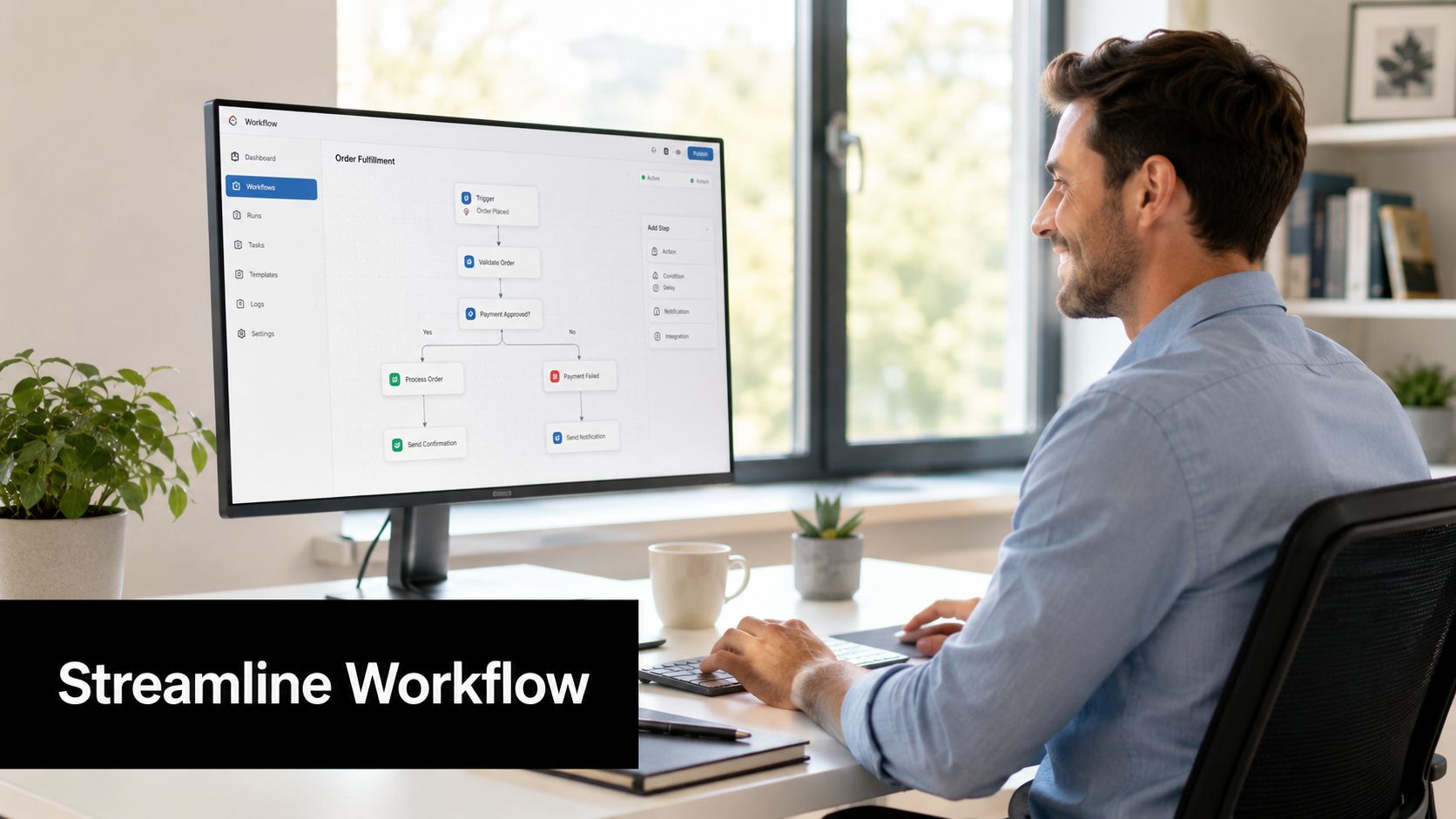 A professional man working on an order fulfillment workflow automation on his computer screen in an office.