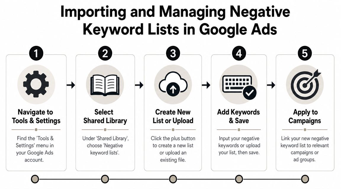 A five-step infographic showing how to import and manage negative keyword lists in Google Ads.