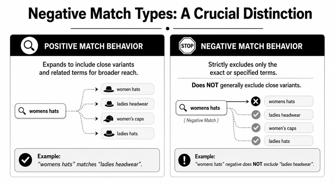 A chart illustrating the difference between Google Ads positive match behavior and negative match behavior concepts.