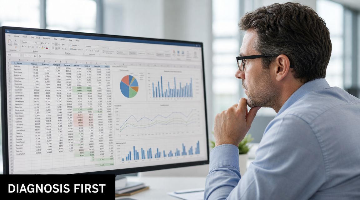 A professional man looking thoughtfully at a computer screen displaying complex data spreadsheets and charts.