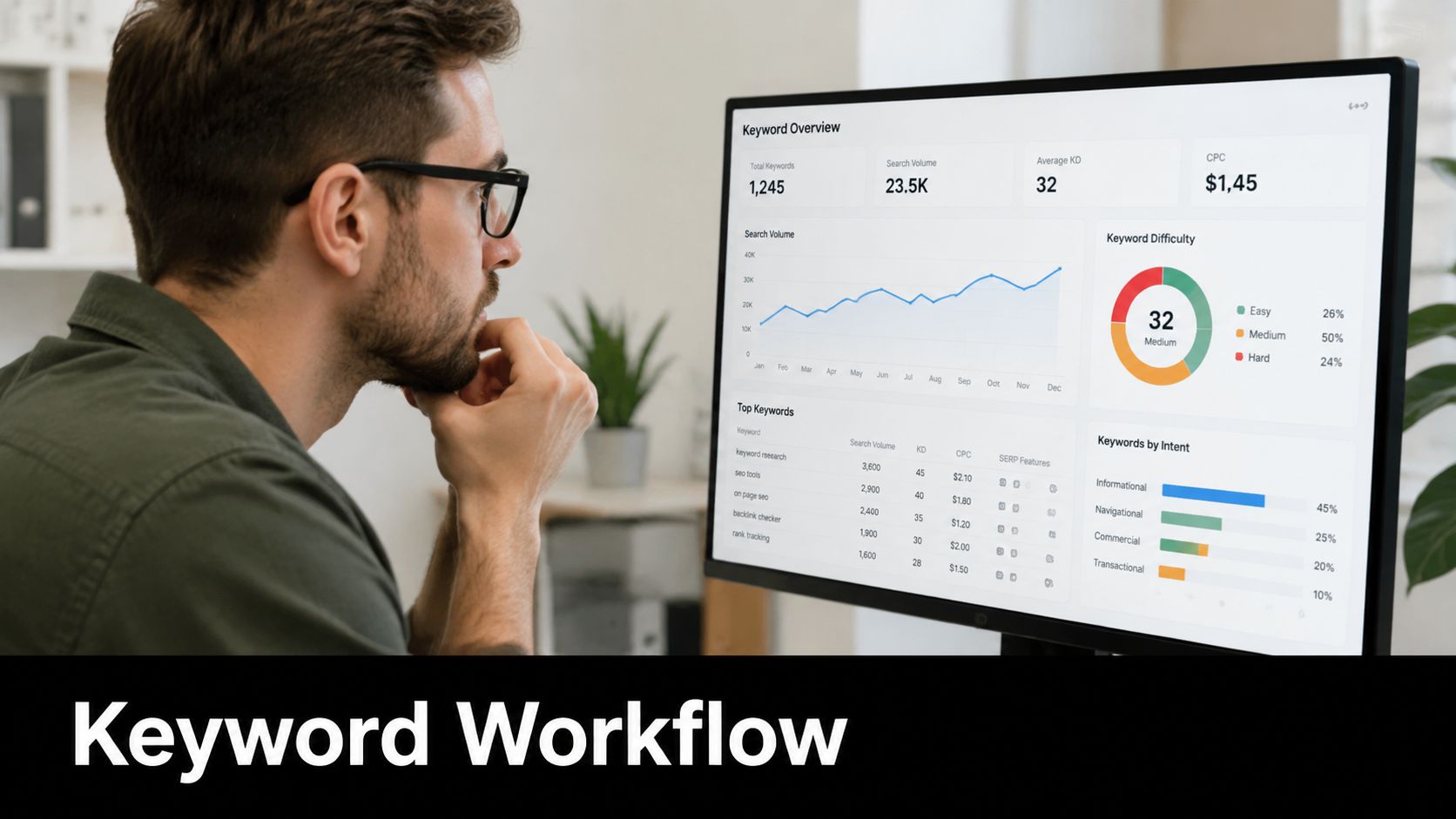 A professional analyzing an SEO keyword dashboard on a computer monitor to optimize their search strategy.