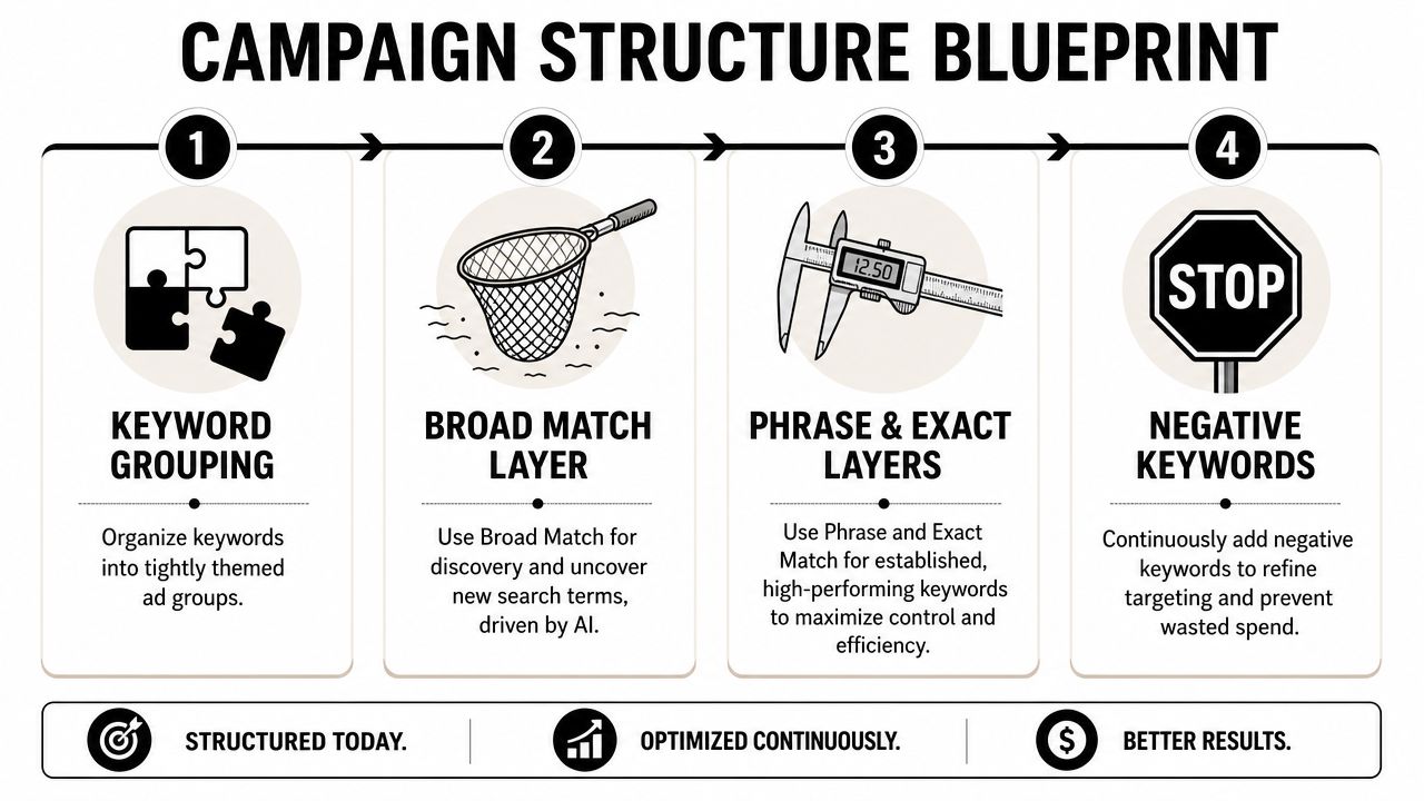 A four-step campaign structure blueprint for Google Ads, including keyword grouping, match types, and negative keyword optimization.