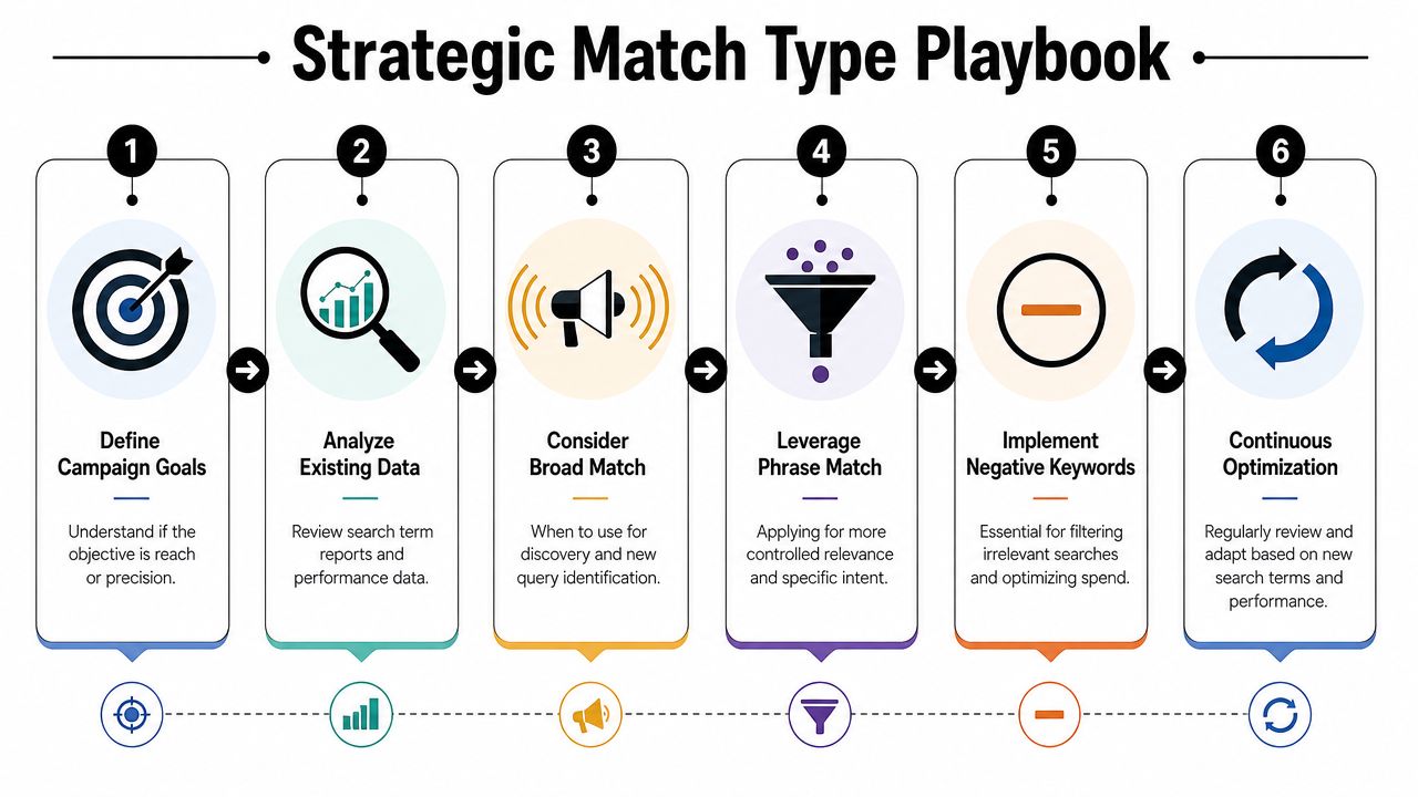 A six-step strategic playbook infographic for managing Google Ads match types to optimize search campaigns.