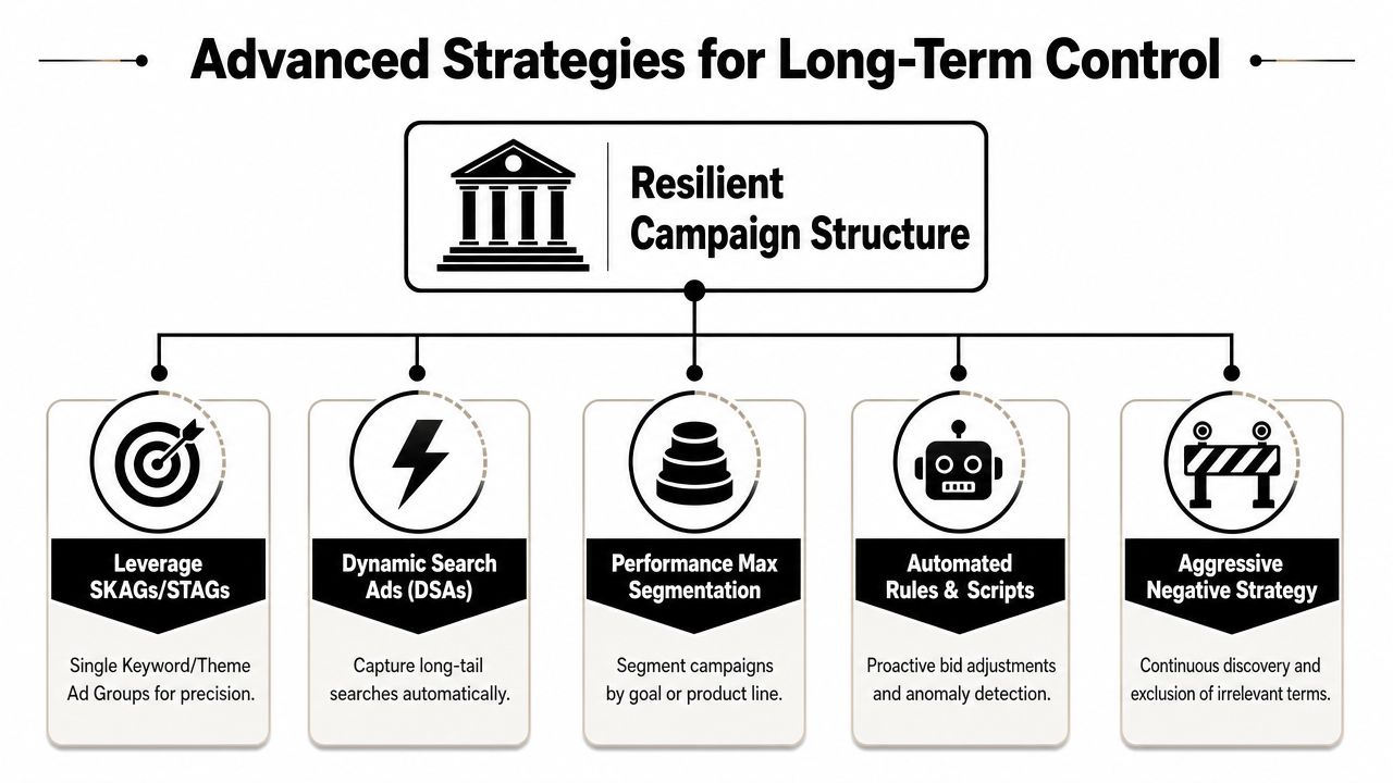 A diagram outlining five advanced Google Ads strategies to maintain control over long-term campaign structures and performance.