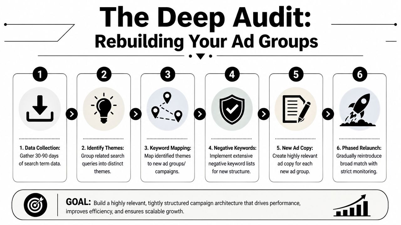 A six-step infographic guide on performing a deep audit to rebuild and structure Google Ad groups.