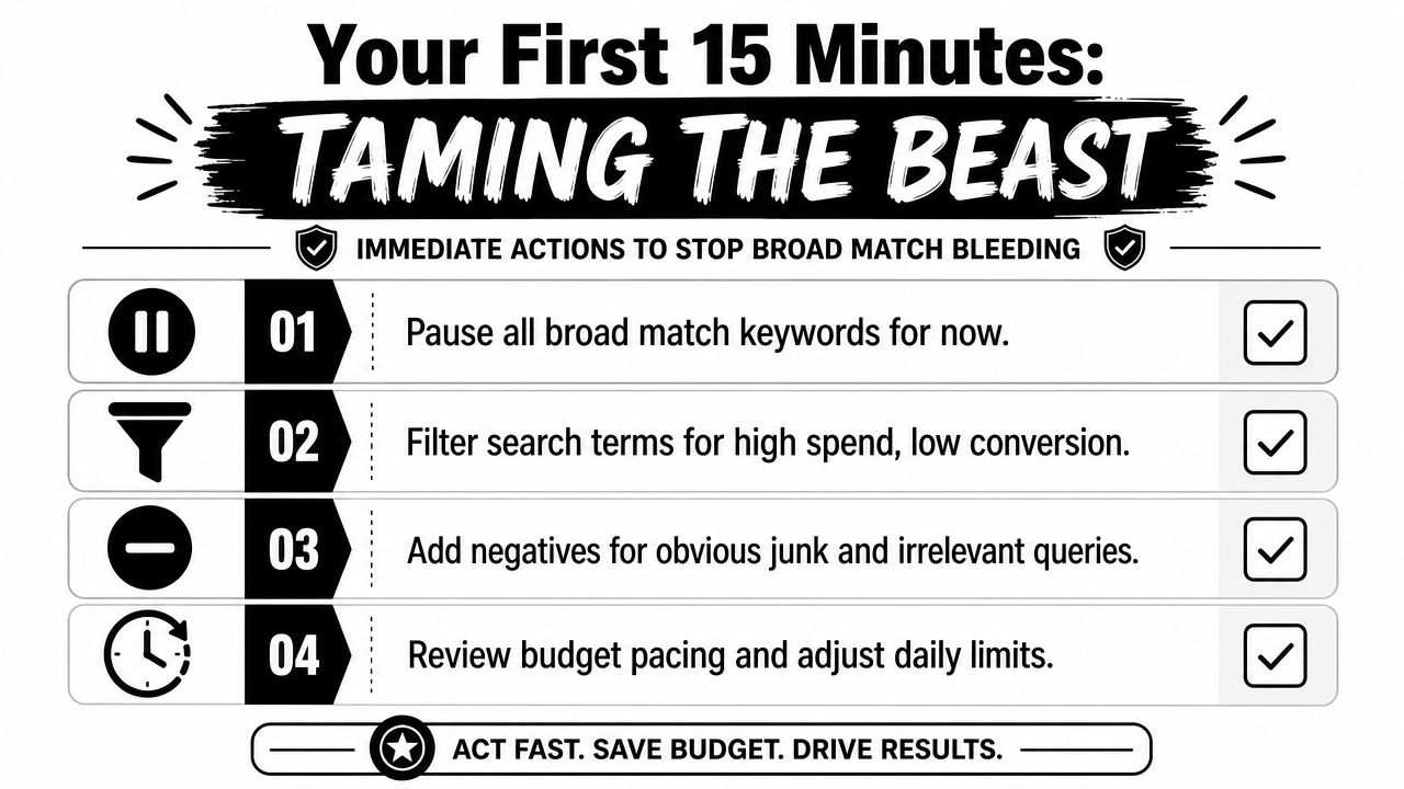 A checklist infographic titled Your First 15 Minutes: Taming the Beast, detailing four steps to stop broad match bleeding.