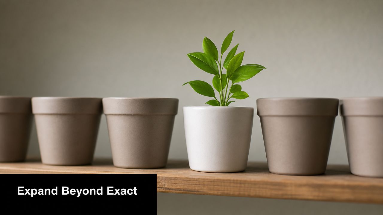 A row of uniform clay pots on a shelf with one unique white potted plant standing out.