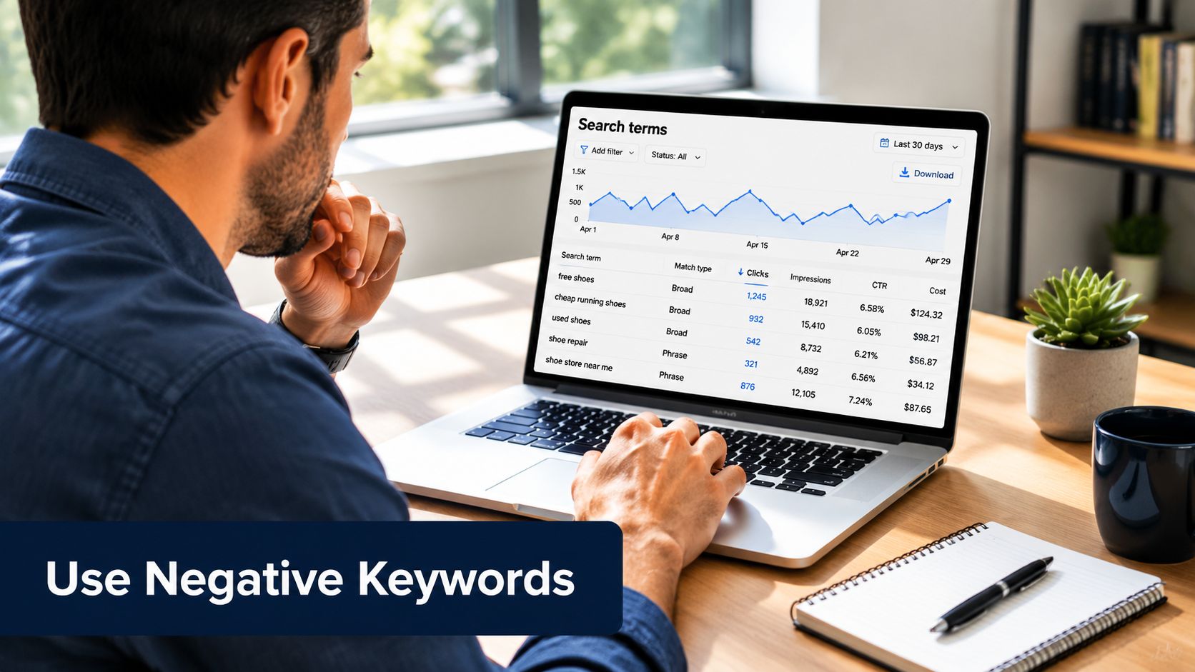 A person analyzing Google Ads search terms on a laptop to improve search campaign performance results.