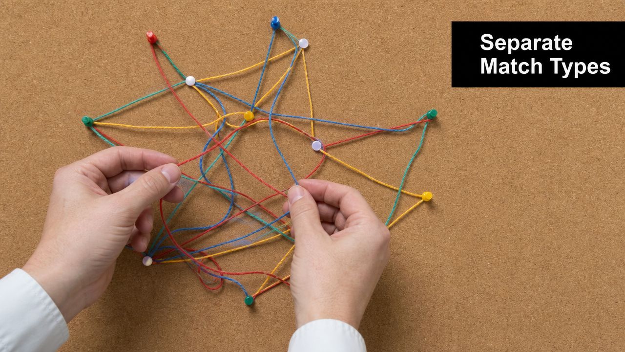 A person organizing complex tangled colorful strings on a cork board, representing Google Ads match type strategy.