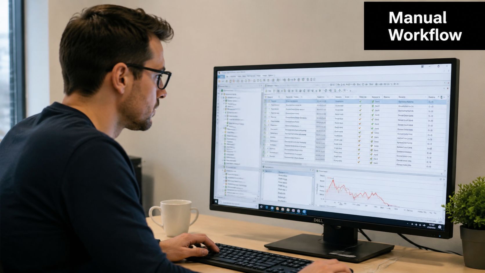 A man wearing glasses sitting at a desk and working on a computer displaying data charts.