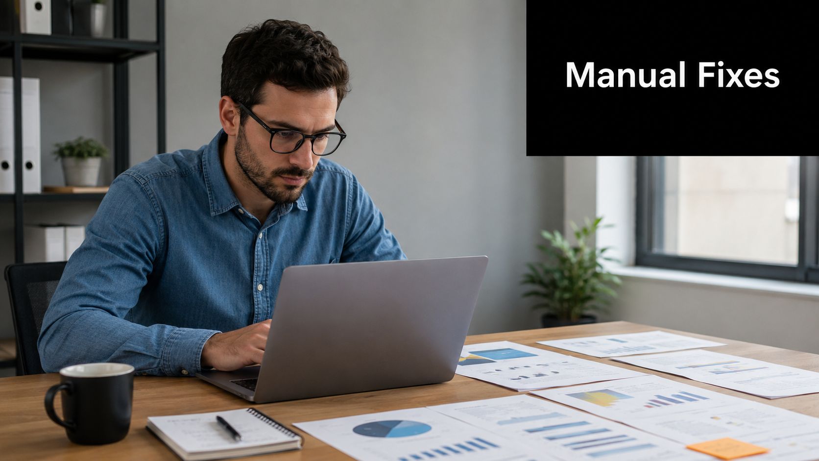 A professional man with glasses working on a laptop at a desk with financial charts.