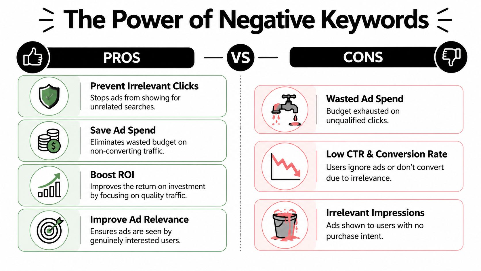 A comparison chart outlining the pros and cons of using negative keywords in Google Ads campaigns.