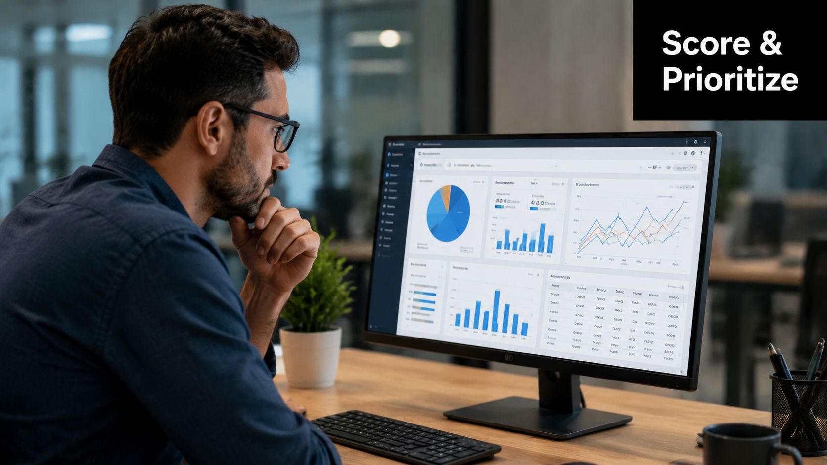 A man in glasses observing complex data analytics charts and graphs on his computer monitor.