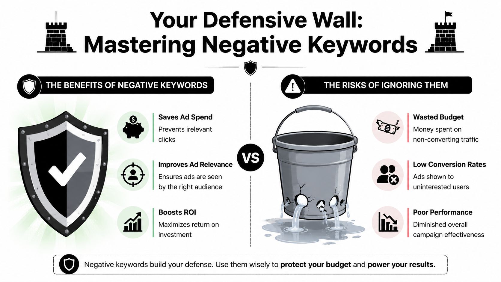 An infographic comparing the benefits of using negative keywords versus the risks of ignoring them in advertising.