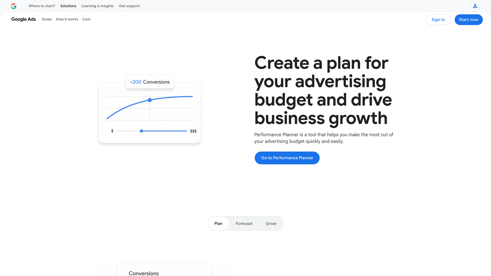 Screenshot of Google Ads Performance Planner website