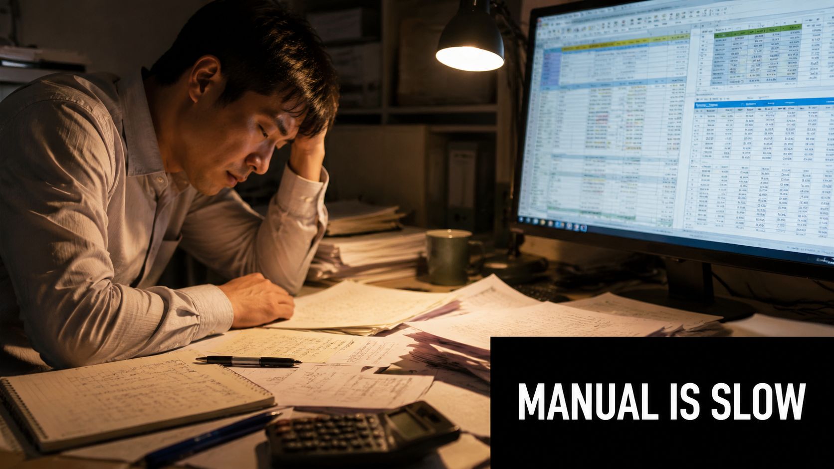 A tired businessman working late at night surrounded by stacks of paperwork and a computer screen.