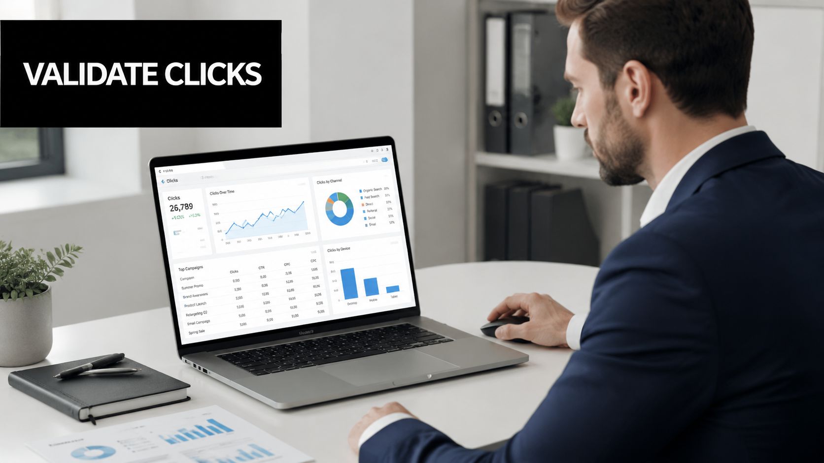 A professional man in a business suit analyzing digital marketing click data on a laptop screen.