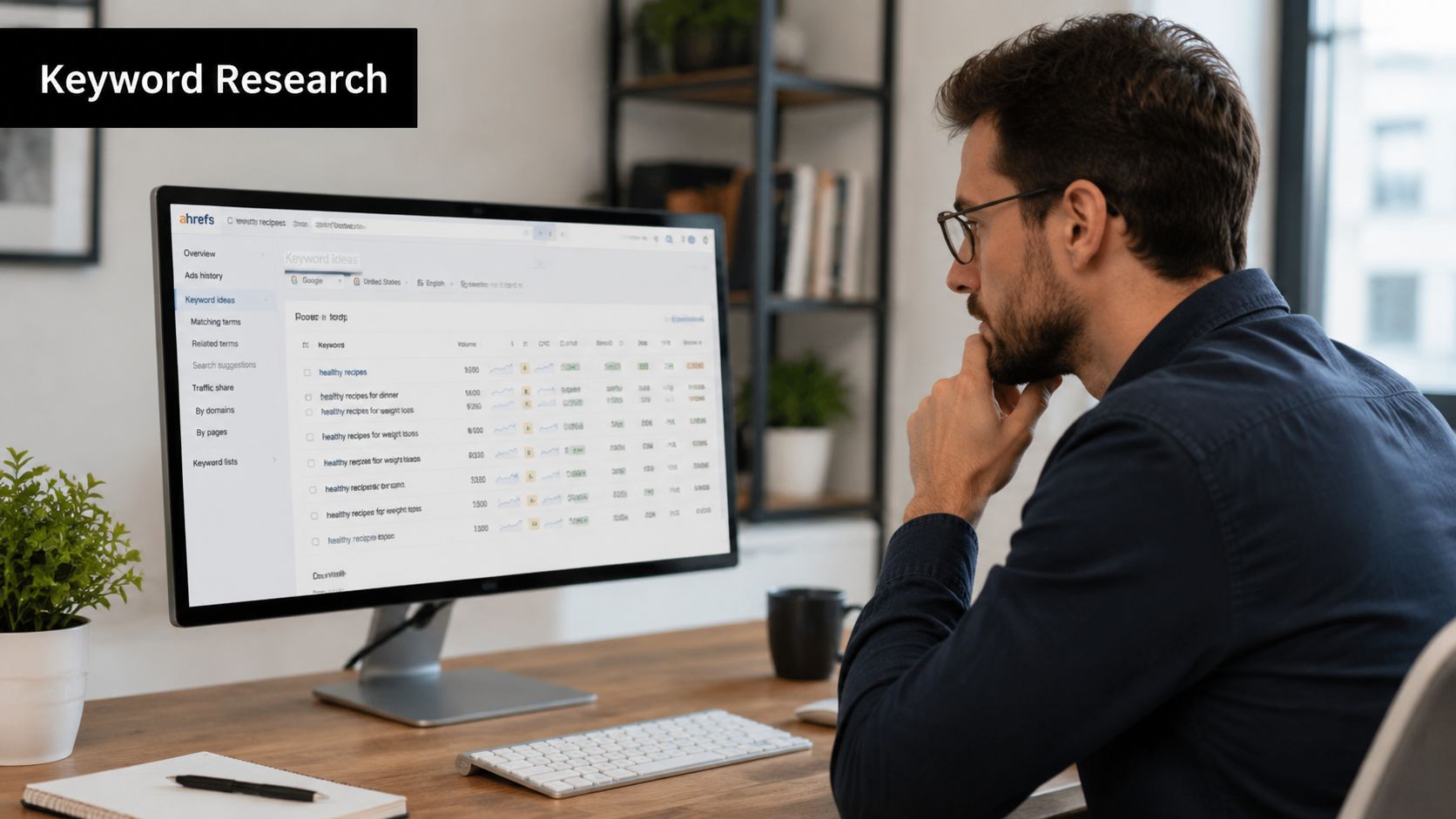 A professional analyzing keyword research data on a computer screen for his digital marketing strategy.