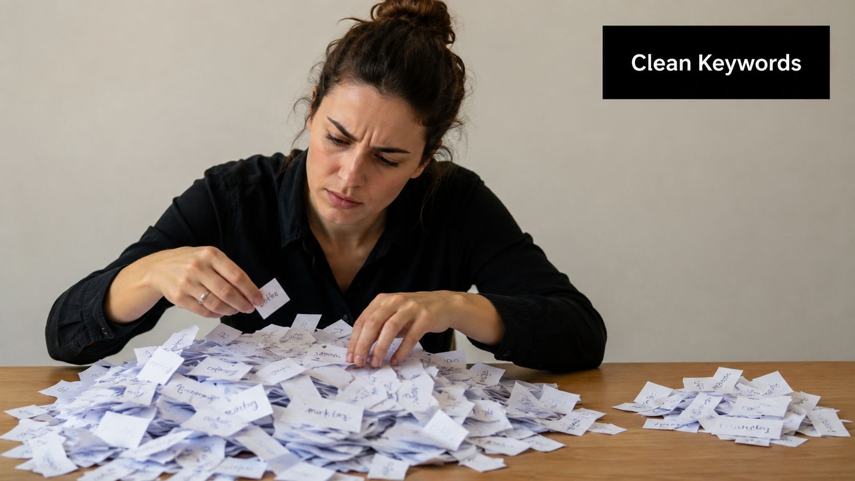 A focused woman sorting through a large pile of small handwritten keyword paper slips on a wooden table.