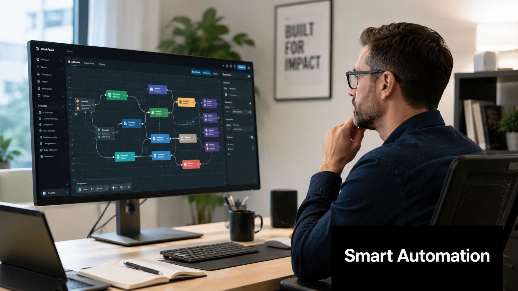 A professional man sits at a desk, reviewing a digital workflow automation dashboard on his computer monitor.