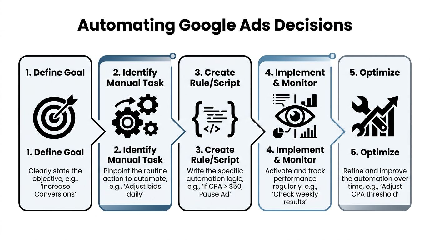 A five-step flowchart explaining the process of automating Google Ads decisions for better campaign efficiency.