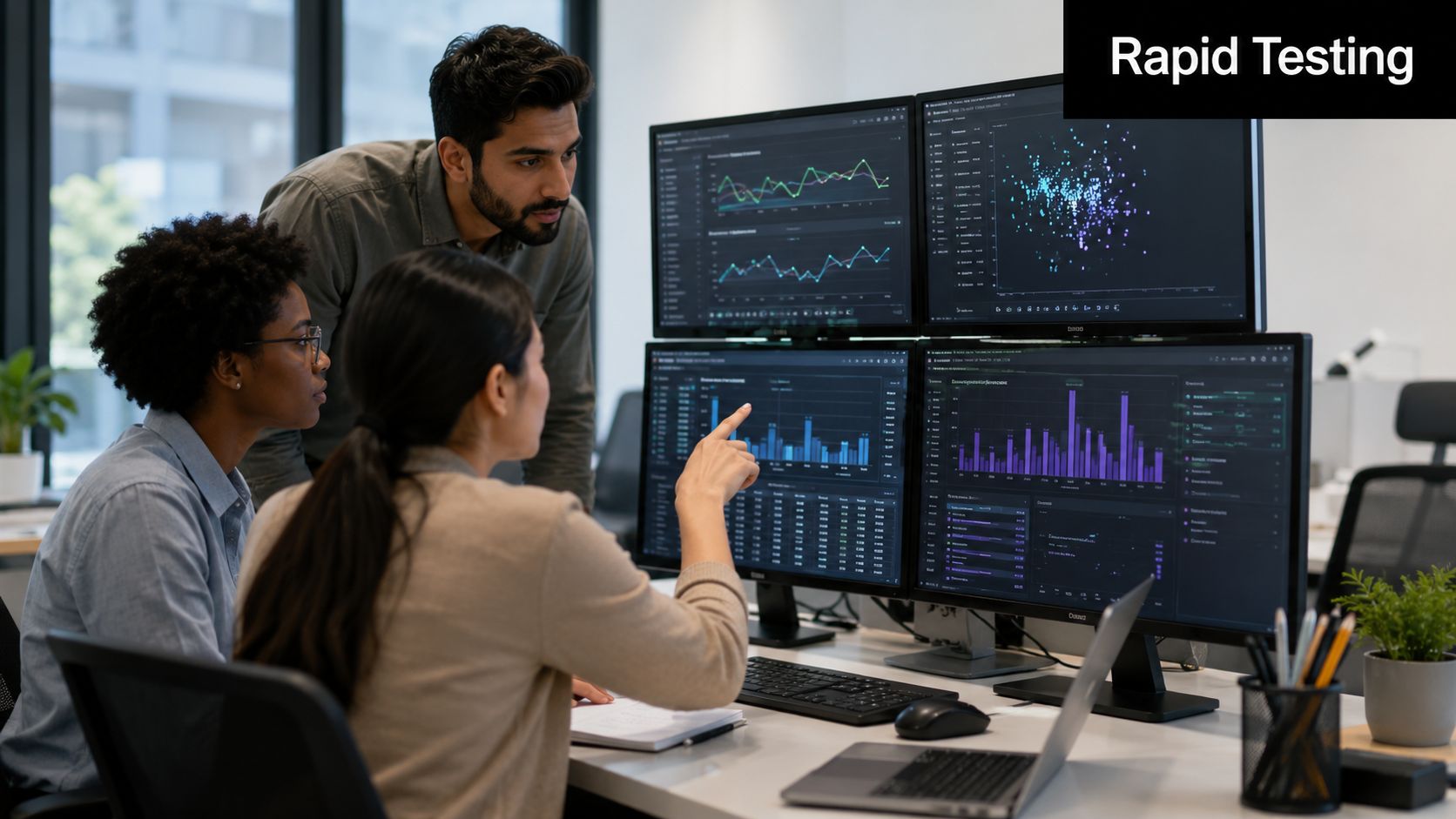 A professional team of three analysts reviewing complex data charts and graphs on multiple computer monitors.