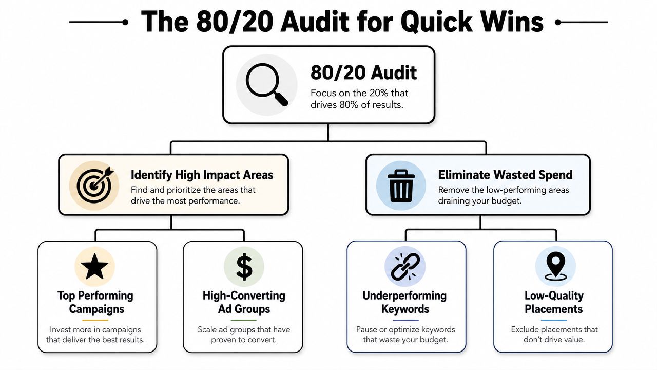A flowchart explaining the 80/20 audit process for Google Ads to maximize performance and reduce wasted budget.