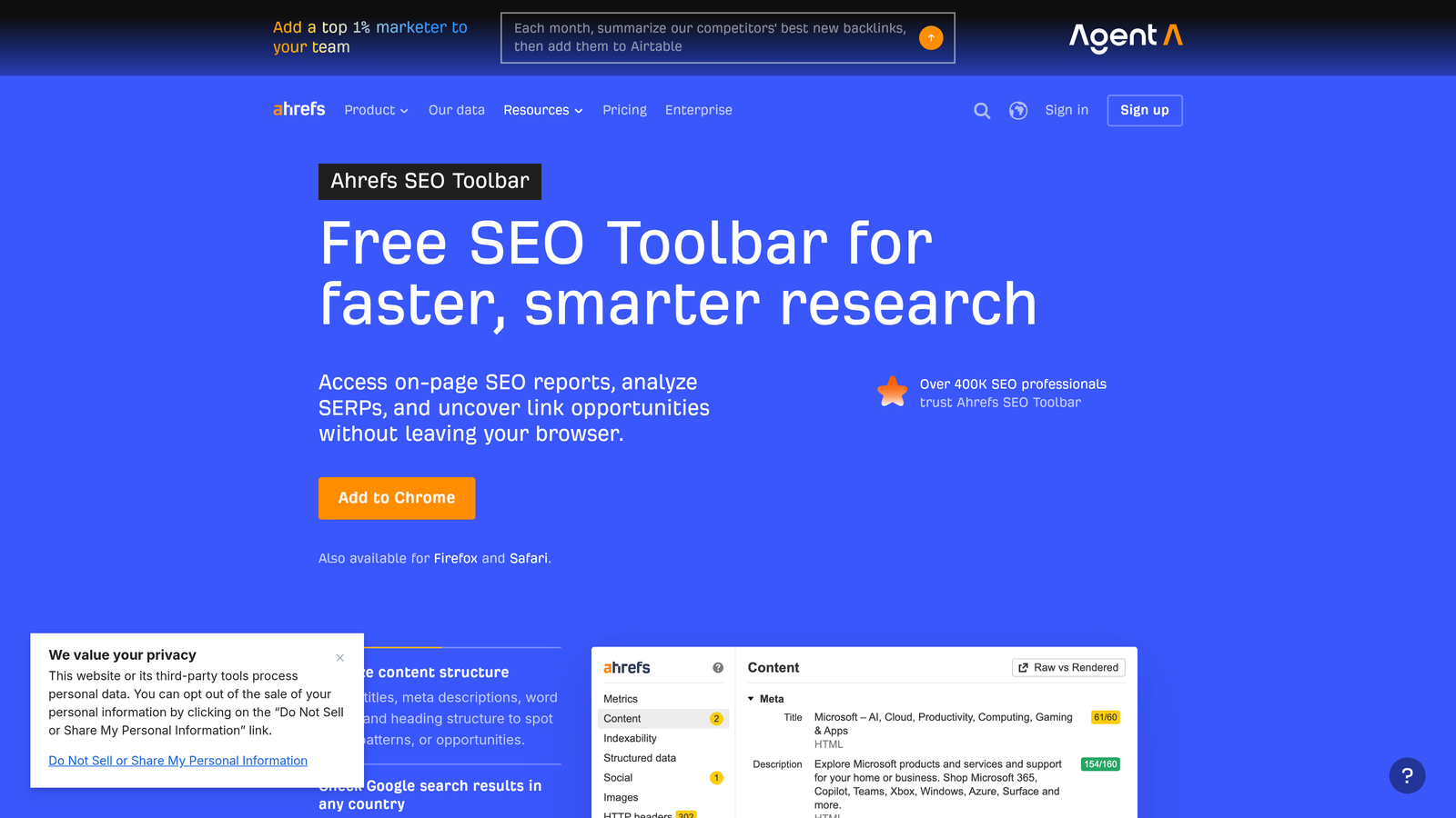 Screenshot of Ahrefs SEO Toolbar website