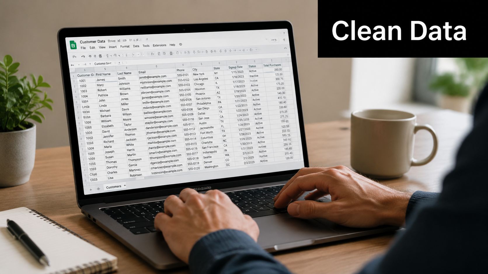 Person working on a laptop displaying customer data in a spreadsheet for data analysis purposes.