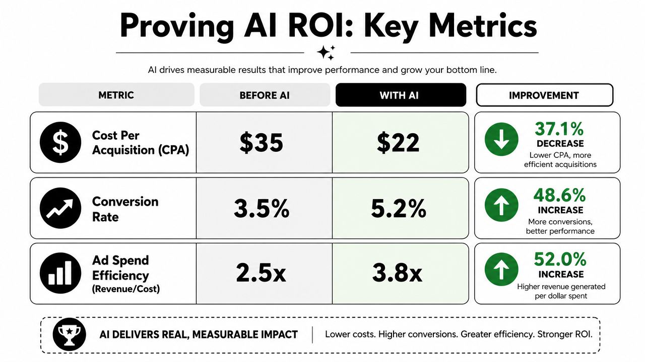 A chart showing improved marketing performance metrics like CPA and conversion rates after implementing AI tools.