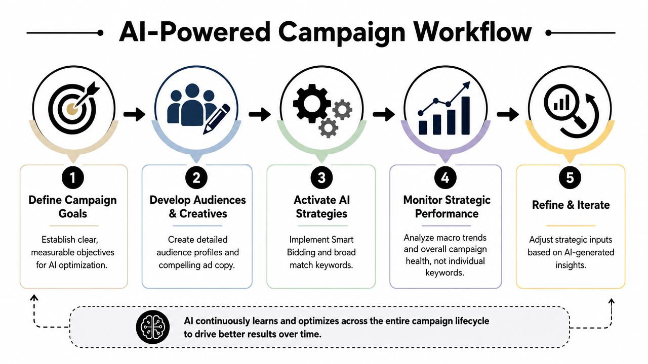A five-step flowchart explaining the AI-powered workflow for optimizing Google Ads marketing campaign strategies.