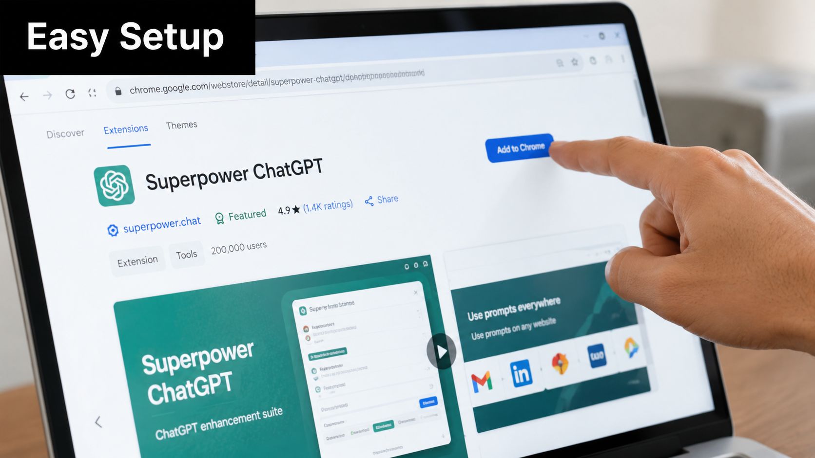 A hand pointing to the Add to Chrome button for the Superpower ChatGPT extension on a laptop screen.